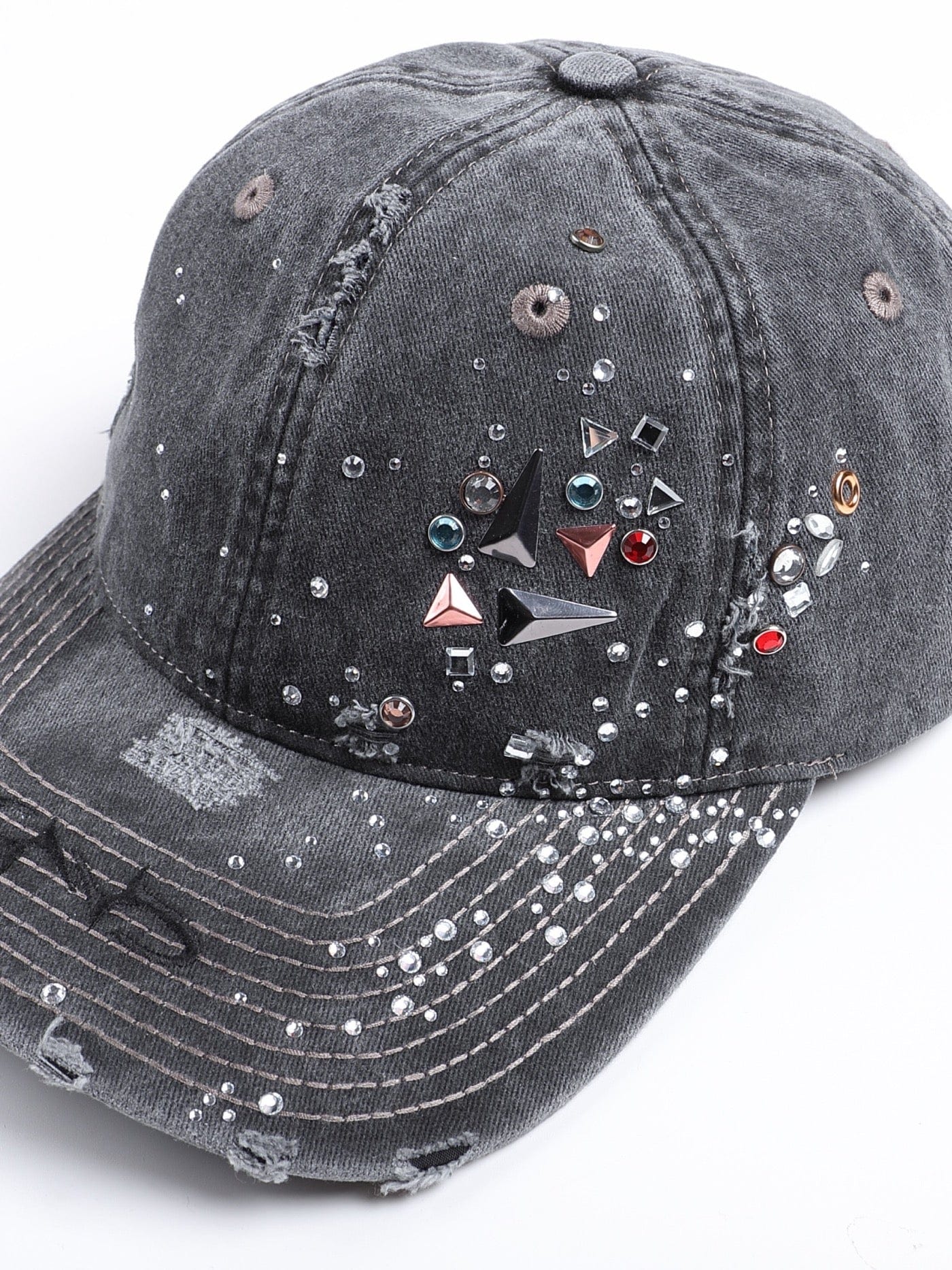 Chic Crystallized Distressed Hat -  cotton casual hat - Stylish Distressed Hat with Crystals for Unique Flair - View 10