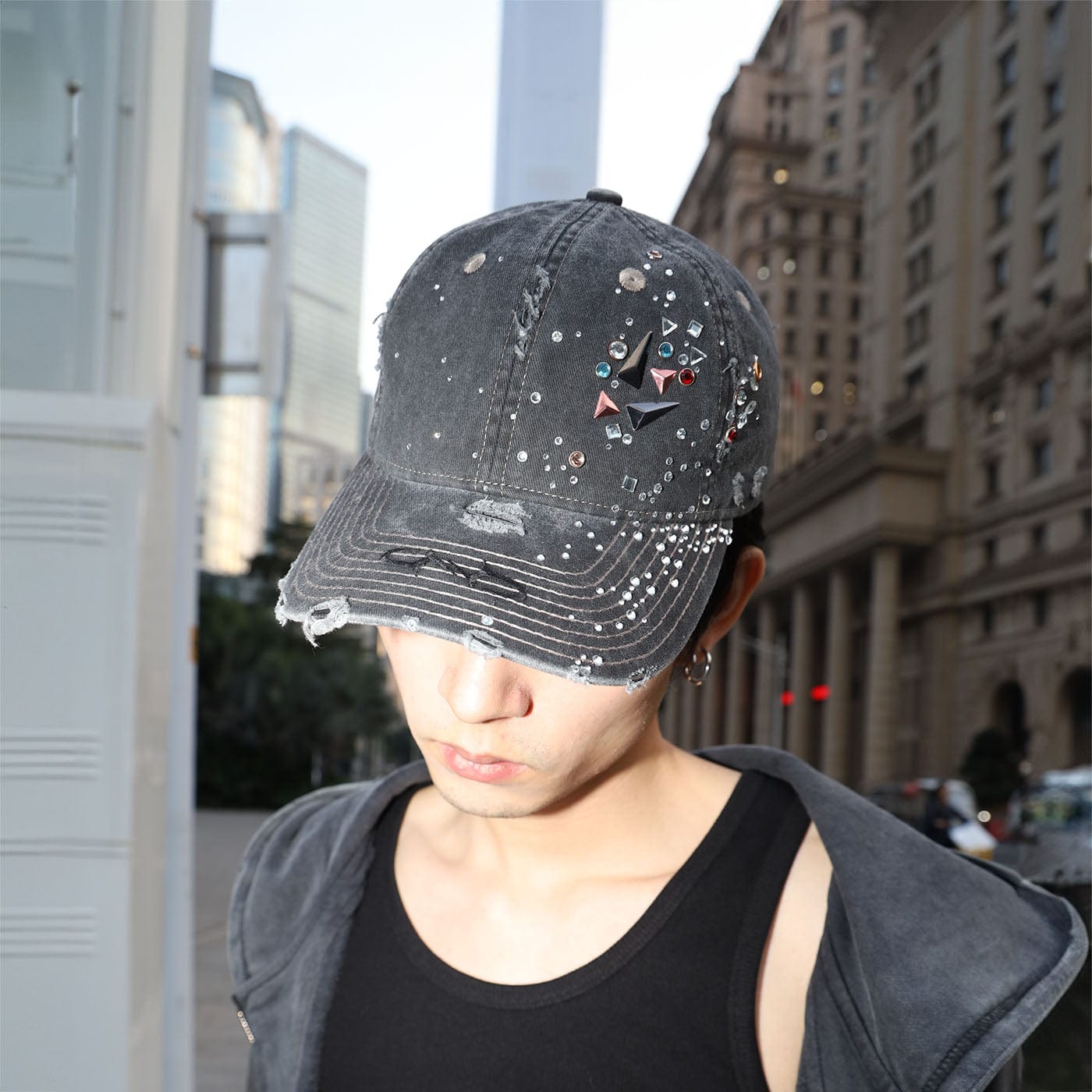 Chic Crystallized Distressed Hat - distressed hat - Stylish Distressed Hat with Crystals for Unique Flair - Main view
