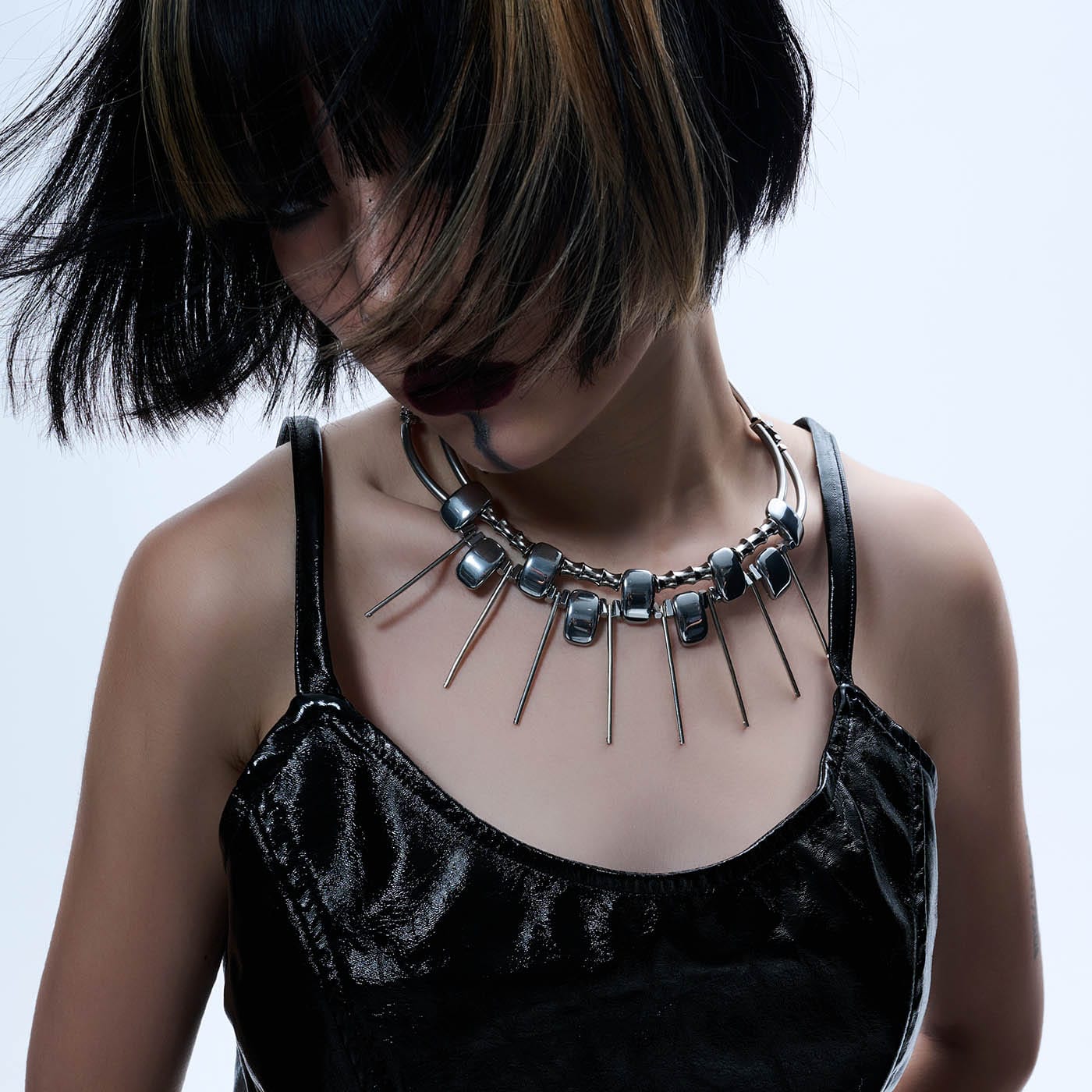 Chic Double-Strand Spiked Necklace - futuristic design necklace - Double-Strand Spiked Necklace for a Bold Statement - Main view