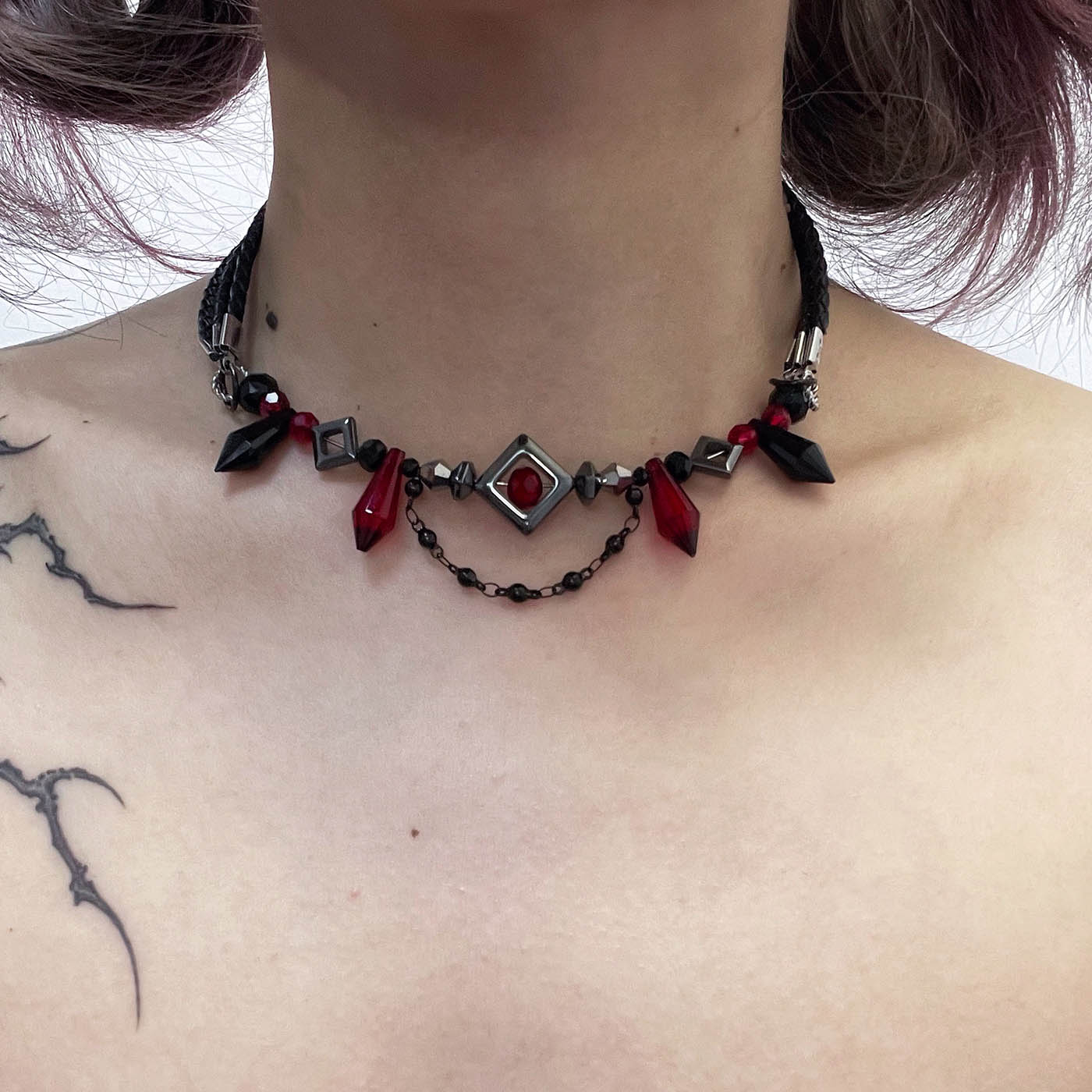 Chic Faux Leather Choker - gothic style necklace - Chic Faux Leather Choker with Red Gemstone - View 2