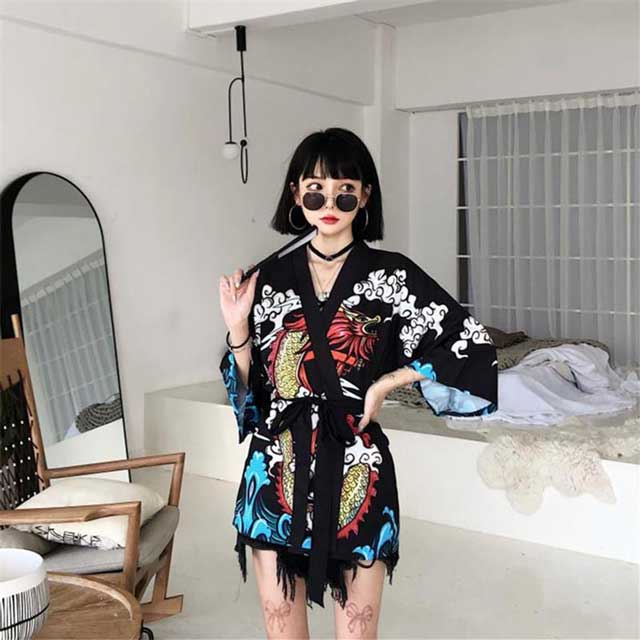 Chic Haori Style Jacket -  3/4 sleeve jacket - Stylish Haori Kimono Jacket with Dragon Print - View 4