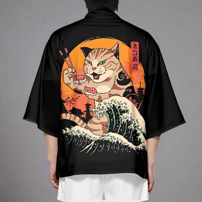 Chic Japanese Fashion Essentials -  casual wear - Cat Print Haori Jacket for Effortless Style - View 3