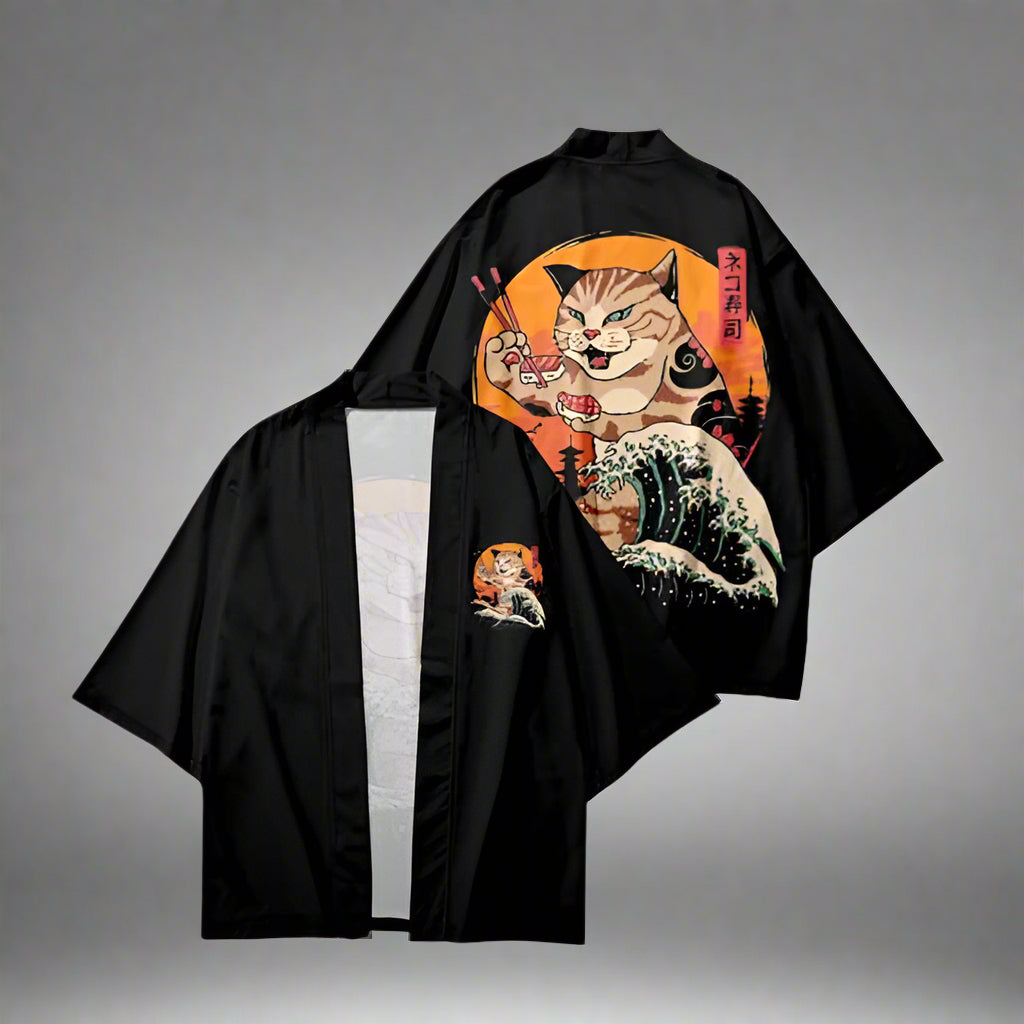 Chic Japanese Fashion Essentials -  cat print - Cat Print Haori Jacket for Effortless Style - View 4