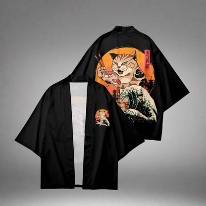 Chic Japanese Fashion Essentials -  cat print - Cat Print Haori Jacket for Effortless Style - View 4