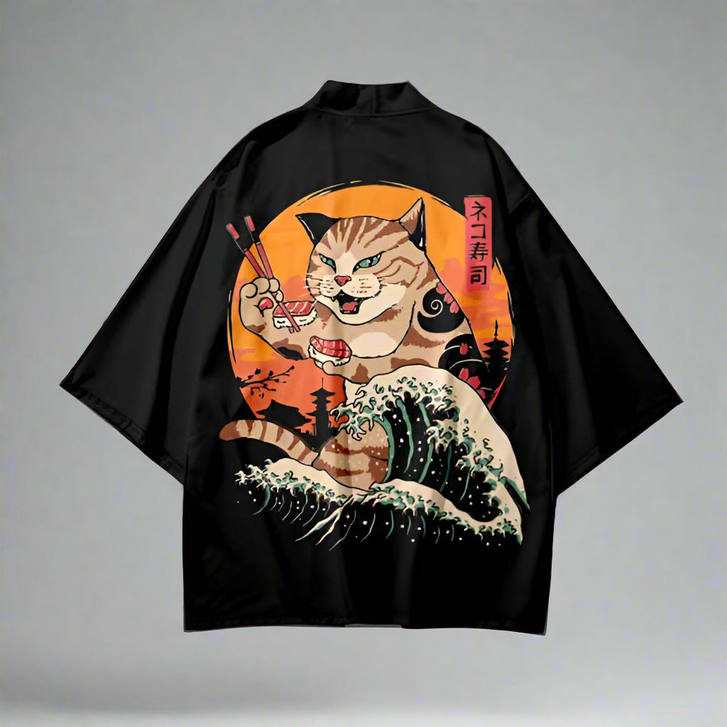 Chic Japanese Fashion Essentials - chic fashion - Cat Print Haori Jacket for Effortless Style - Main view