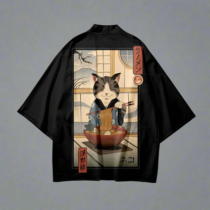 Chic Japanese Fashion Essentials - haori jacket - Cat Print Haori Jacket for Effortless Style - View 2