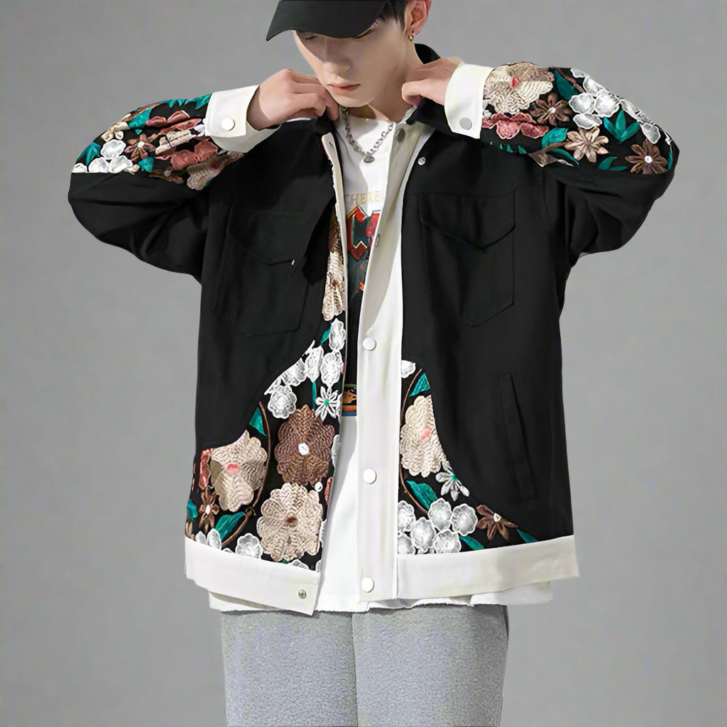 Chic Japanese-Inspired Outerwear -  chic outerwear - Unisex Japanese Coat with Floral Embroidery - View 3