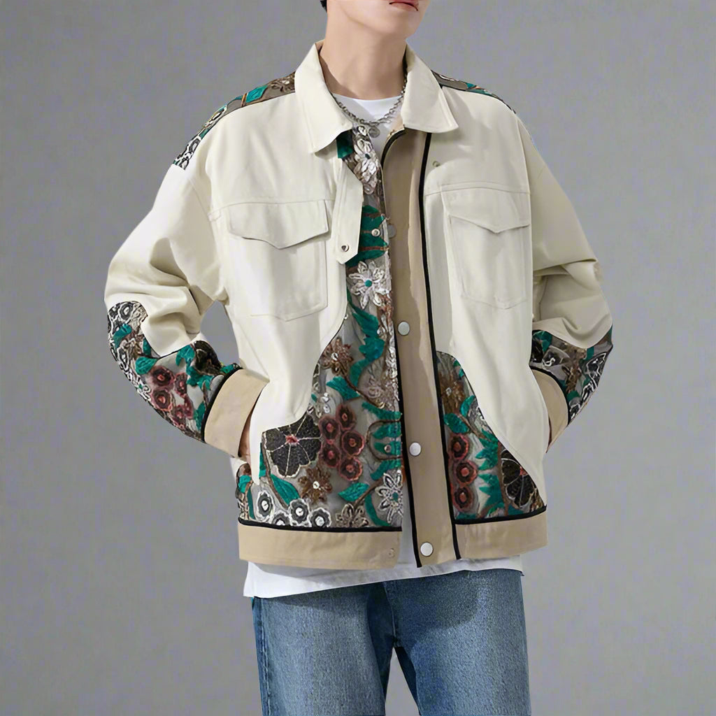 Chic Japanese-Inspired Outerwear -  comfortable unisex design - Unisex Japanese Coat with Floral Embroidery - View 4