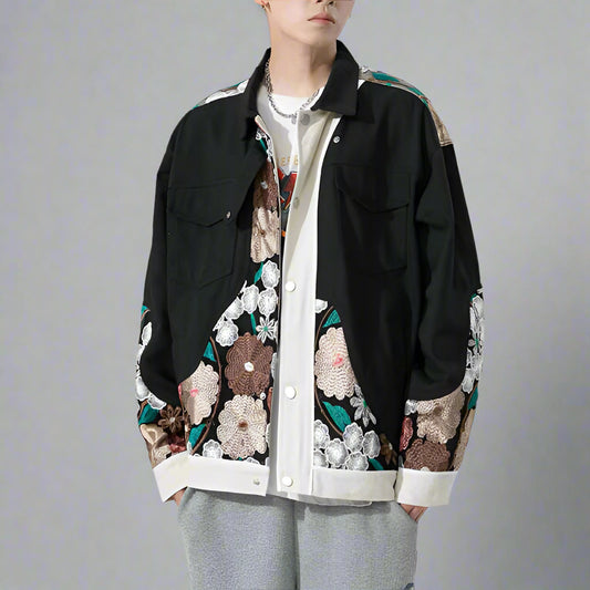 Chic Japanese-Inspired Outerwear - japanese coat - Unisex Japanese Coat with Floral Embroidery - Main view
