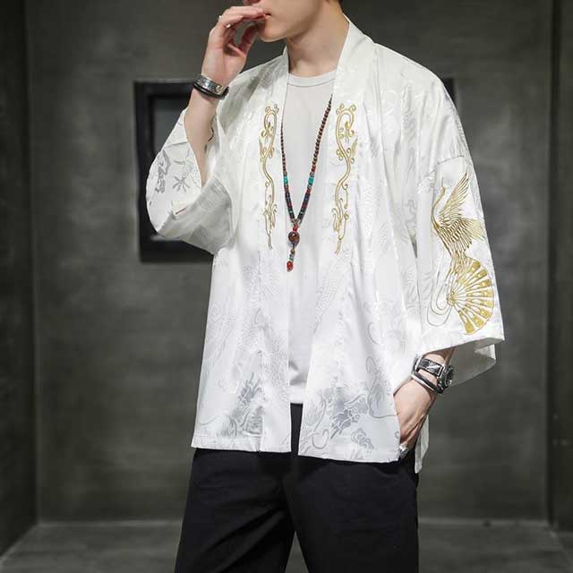 Chic Kimono Style Cardigan -  golden embroidery design - Elegant Silk-like Kimono Cardigan for Men - View 4