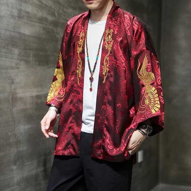 Chic Kimono Style Cardigan - kimono cardigan - Elegant Silk-like Kimono Cardigan for Men - Main view