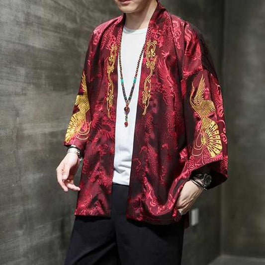 Chic Kimono Style Cardigan - kimono cardigan - Elegant Silk-like Kimono Cardigan for Men - Main view