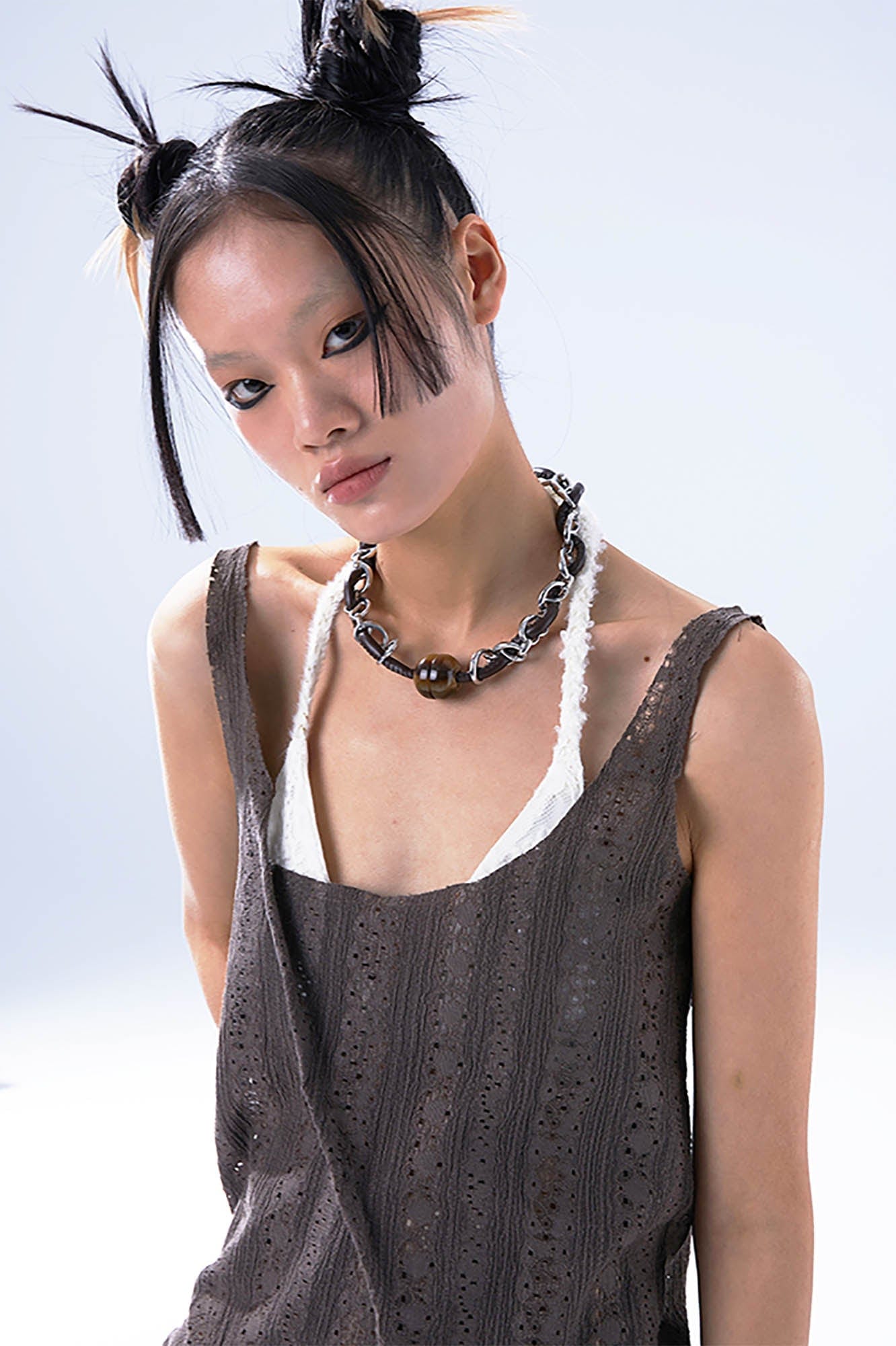 Chic Leather & Chain Bead Necklace -  bead necklace - Stylish Leather & Chain Bead Necklace for Versatile Wear - View 3