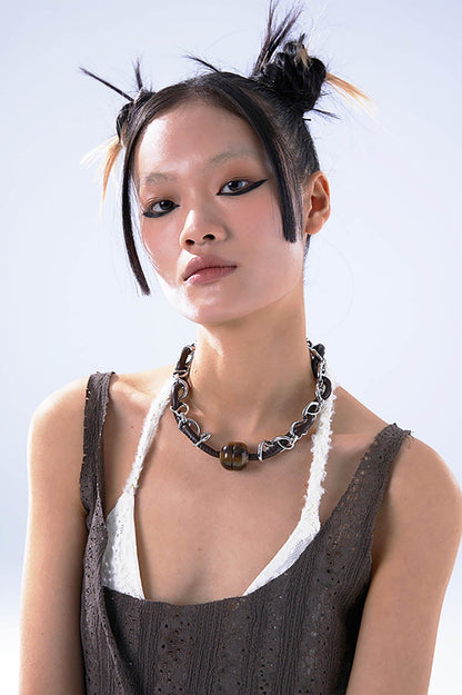 Chic Leather & Chain Bead Necklace -  chain necklace - Stylish Leather & Chain Bead Necklace for Versatile Wear - View 4