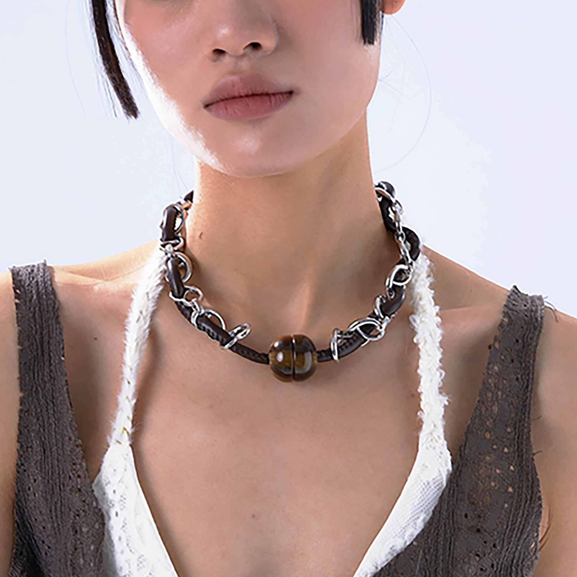 Chic Leather & Chain Bead Necklace - leather necklace - Stylish Leather & Chain Bead Necklace for Versatile Wear - Main view
