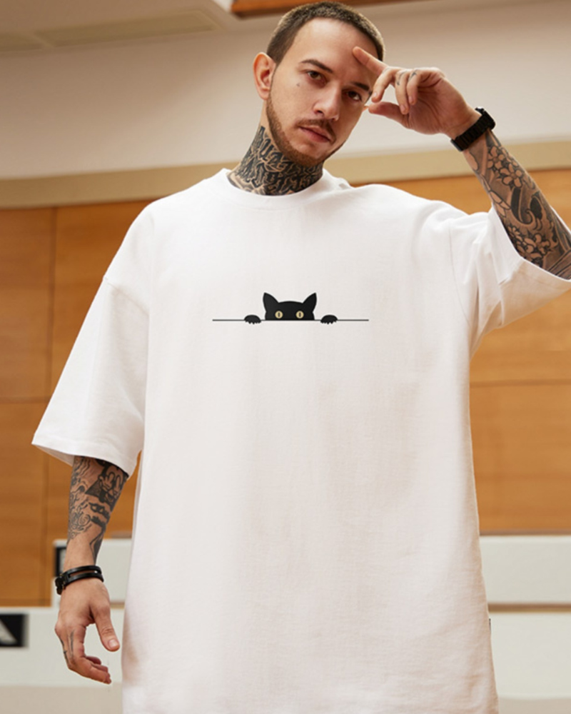 Chic Oversized Cat Graphic Tee -  fashionable casual wear - Chic Oversized Cat Graphic Tee for Unique Style - View 5