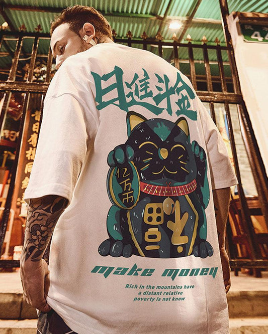 Chic Oversized Lucky Cat Tee - comfortable casual wear - Chic Oversized Lucky Cat Tee for Everyday Comfort - Main view
