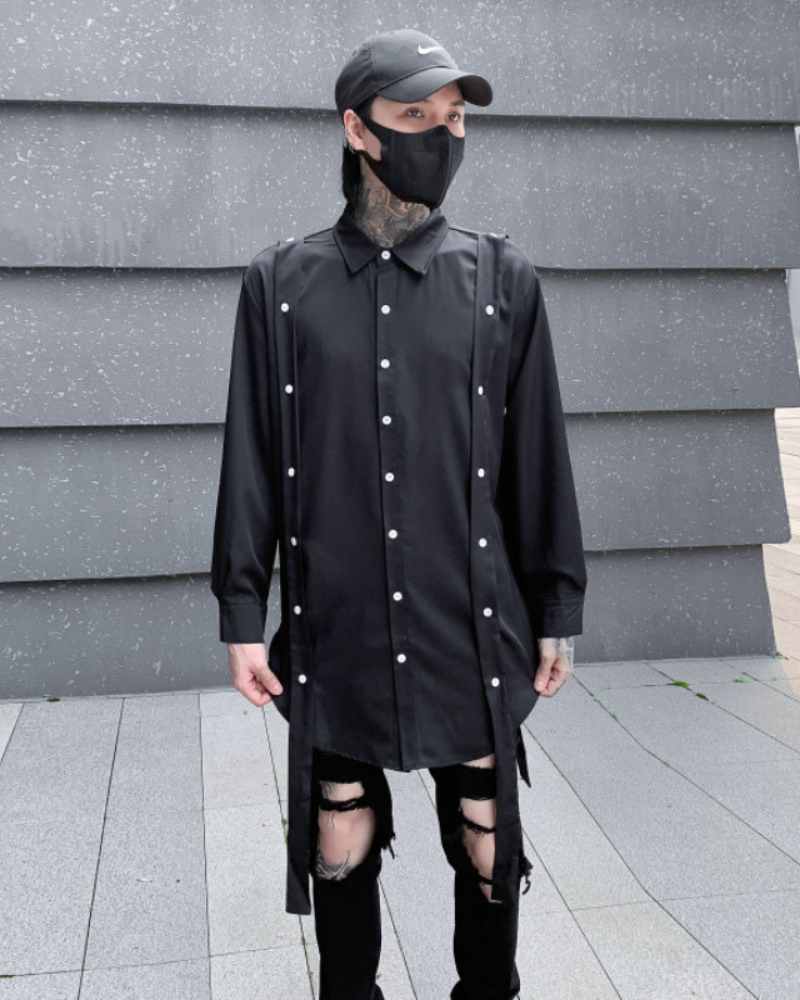 Chic Ribbon-Trimmed Oversized Shirt - techwear shirt - Oversized Ribbon-Trimmed Shirt for Urban Comfort - View 2