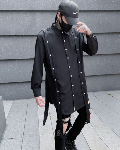 Chic Ribbon-Trimmed Oversized Shirt - techwear styles - Oversized Ribbon-Trimmed Shirt for Urban Comfort - View 3