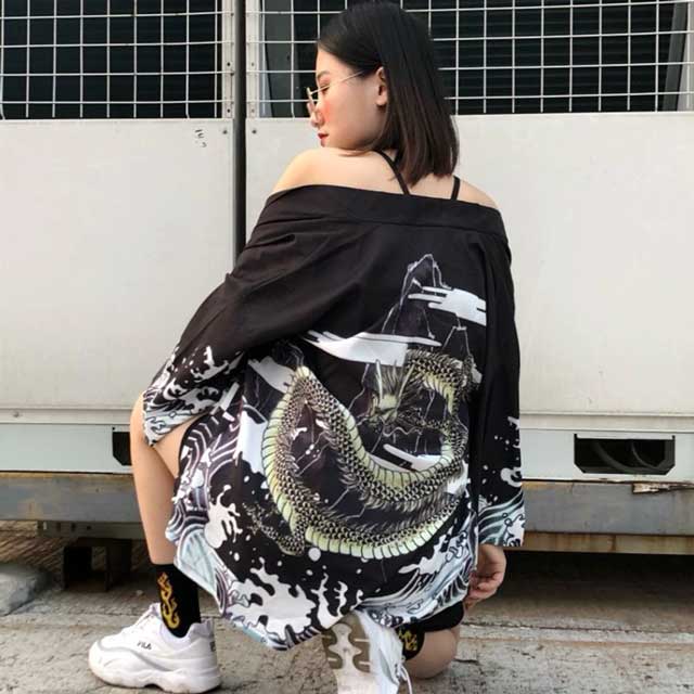 Chic Short Kimono Style -  fashion - Stylish Short Kimono Jacket with Dragon Print - View 4