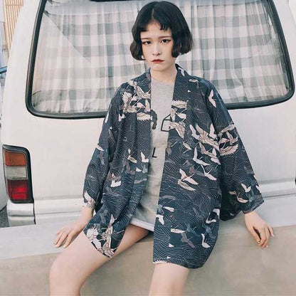 Chic Short Kimono Wrap -  cardigan - Chic Crane Print Kimono Cardigan for Effortless Style - View 4