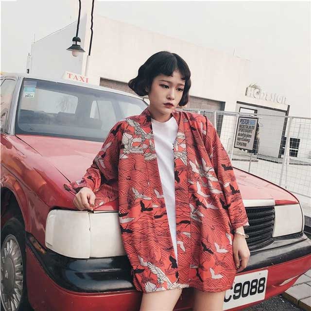 Chic Short Kimono Wrap -  fashion - Chic Crane Print Kimono Cardigan for Effortless Style - View 5