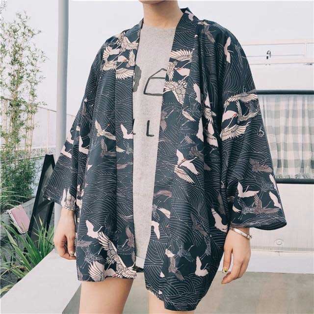 Chic Short Kimono Wrap -  haori - Chic Crane Print Kimono Cardigan for Effortless Style - View 6
