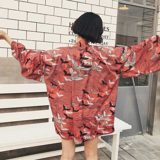 Chic Short Kimono Wrap - kimono - Chic Crane Print Kimono Cardigan for Effortless Style - Main view