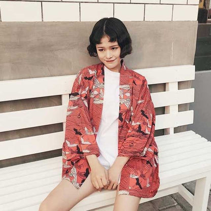 Chic Short Kimono Wrap - trendy kimono cardigan - Chic Crane Print Kimono Cardigan for Effortless Style - View 3