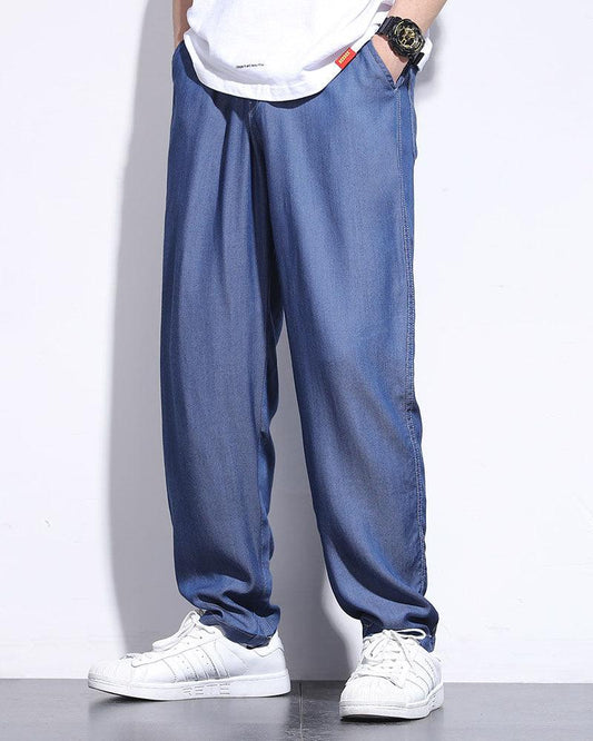 Chill-Ready Silk Denim Trousers - silk trousers - Chill-Ready Silk Denim Trousers for Summer Comfort - Main view