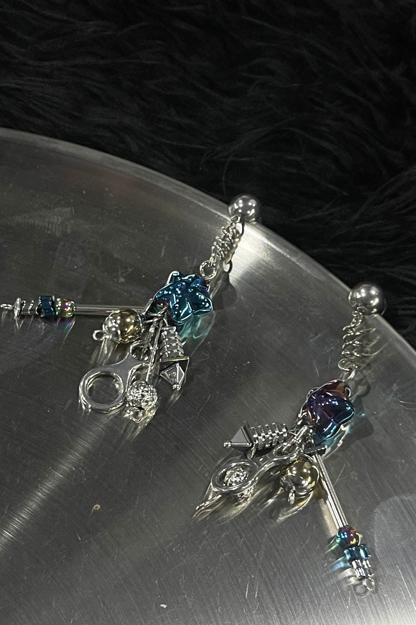 Cosmic Blue Industrial Drop Earrings -  streetwear accessories - Cosmic Blue Industrial Drop Earrings for Modern Style - View 6