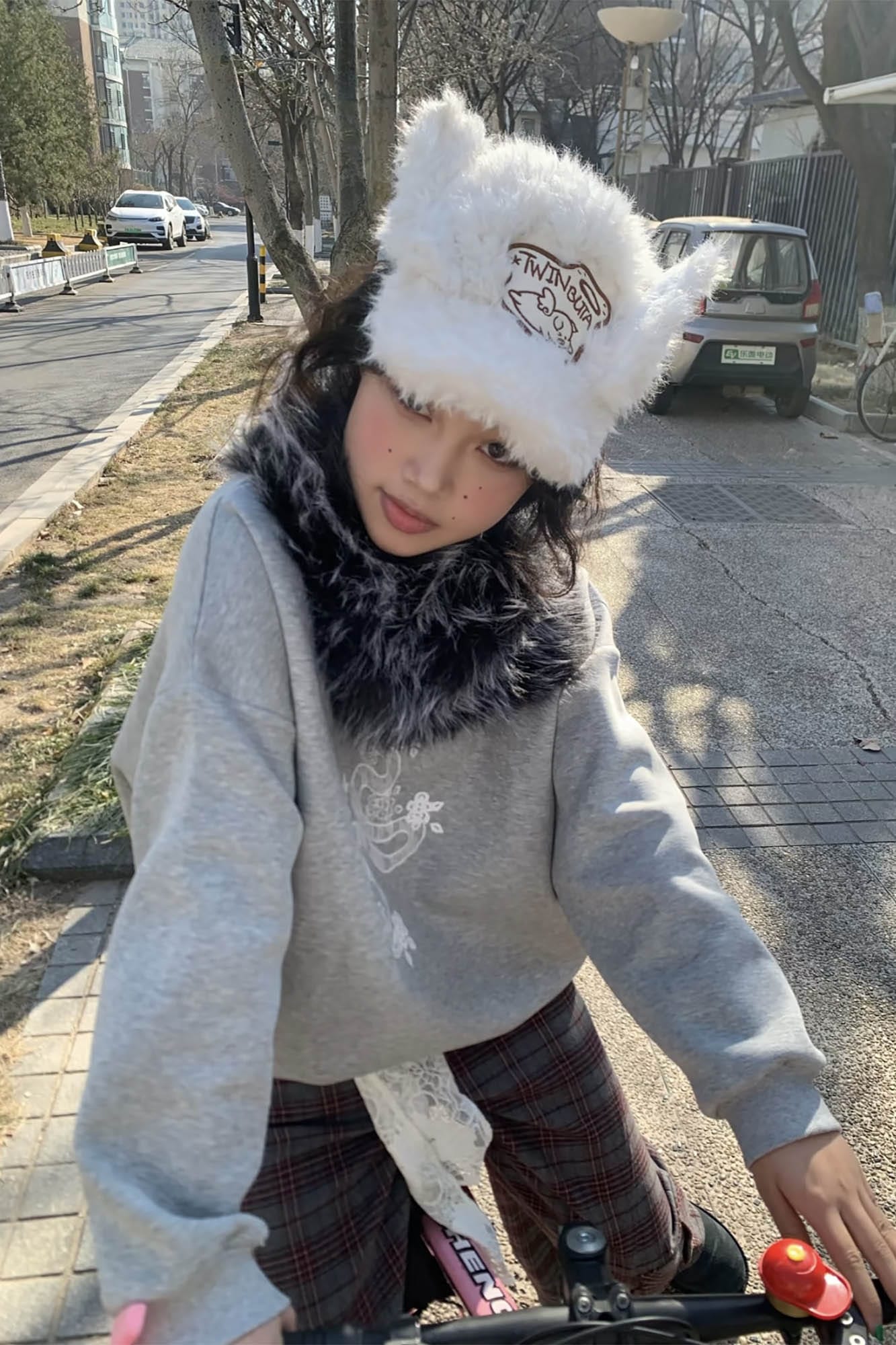 Cozy Furry Ear White Cap -  adjustable fit cap - Cozy Faux Shearling Cap with Playful Piglet Design - View 12