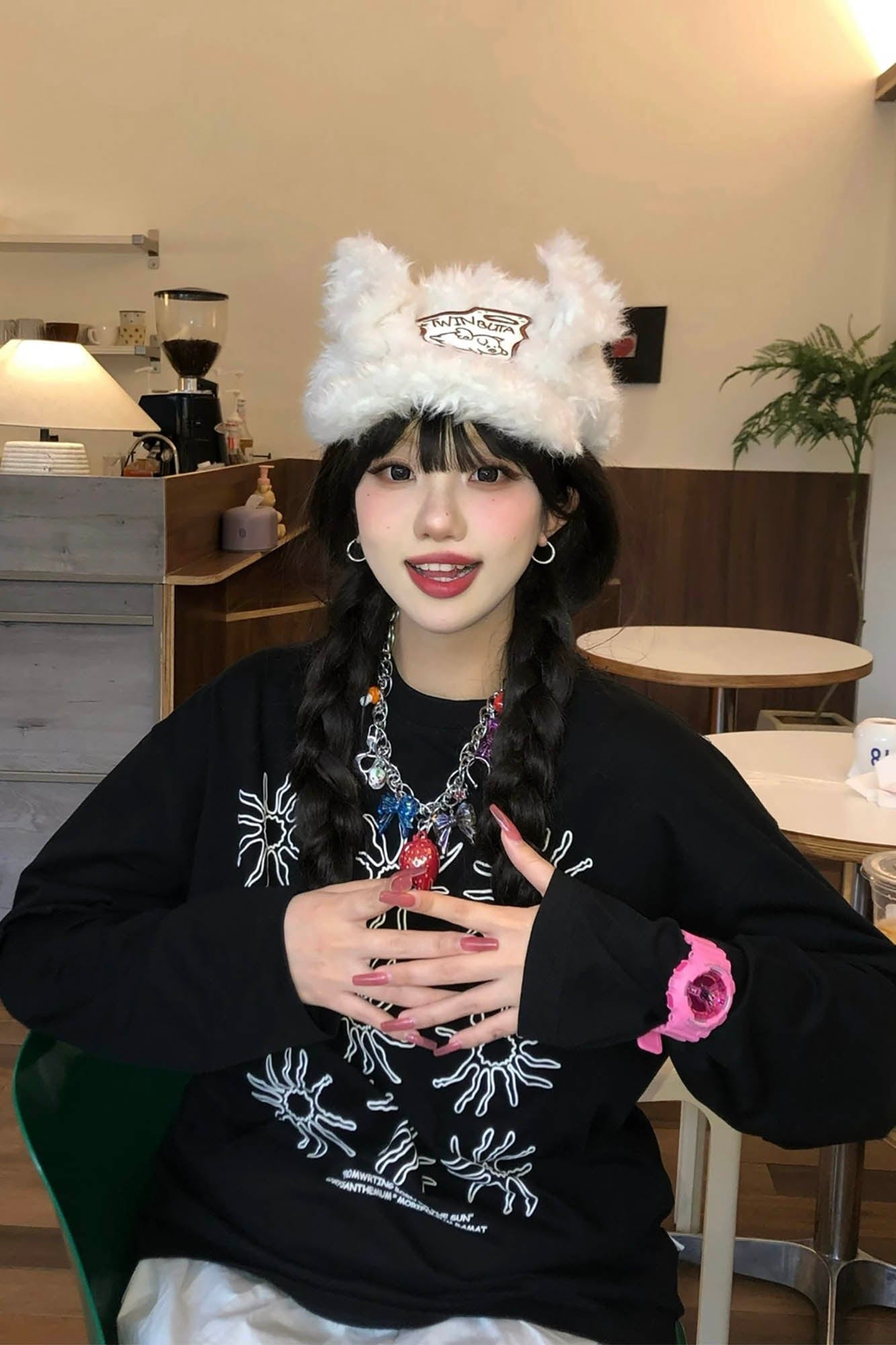 Cozy Furry Ear White Cap - faux shearling hat - Cozy Faux Shearling Cap with Playful Piglet Design - View 10