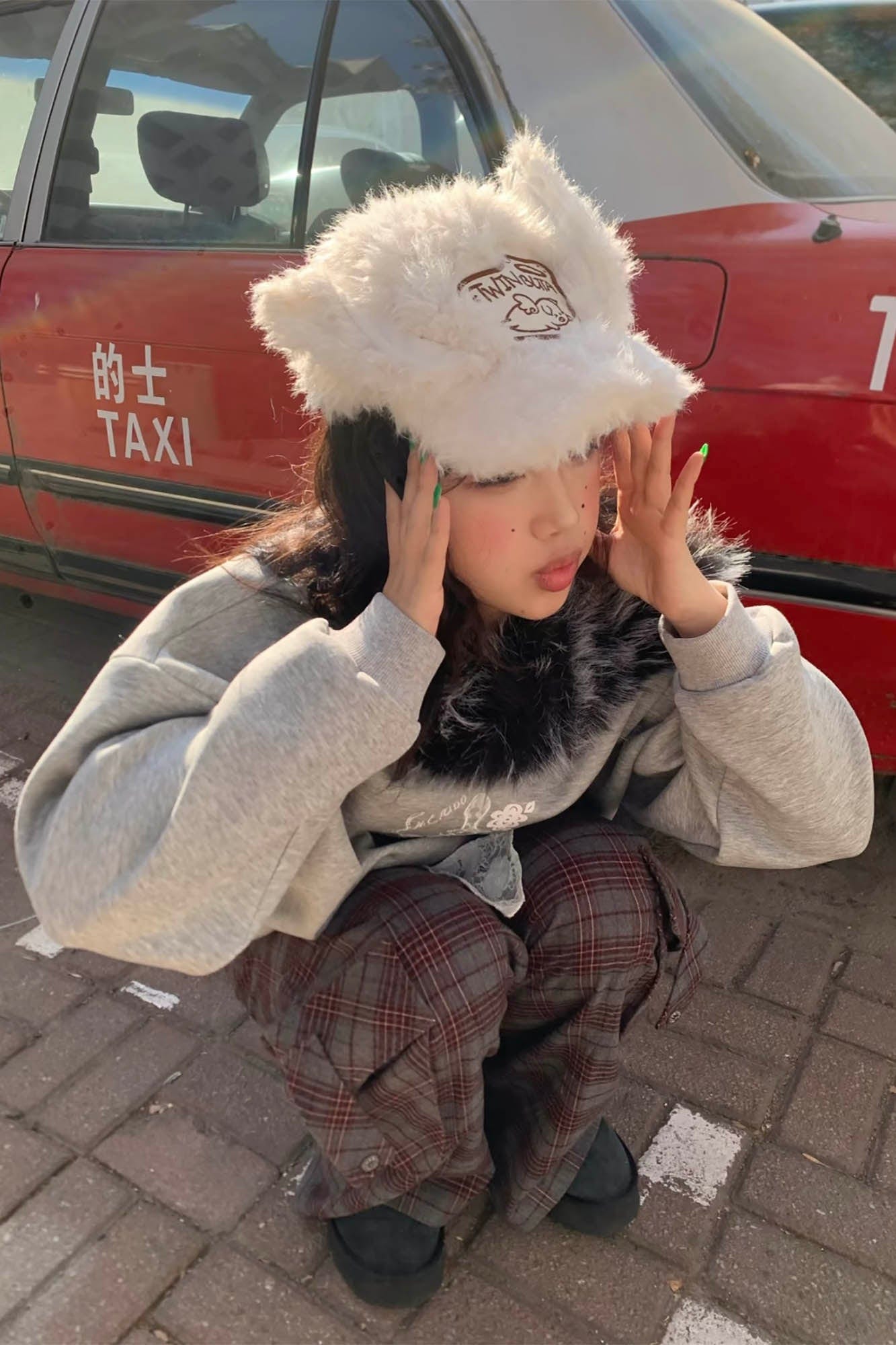 Cozy Furry Ear White Cap - furry cap - Cozy Faux Shearling Cap with Playful Piglet Design - View 11