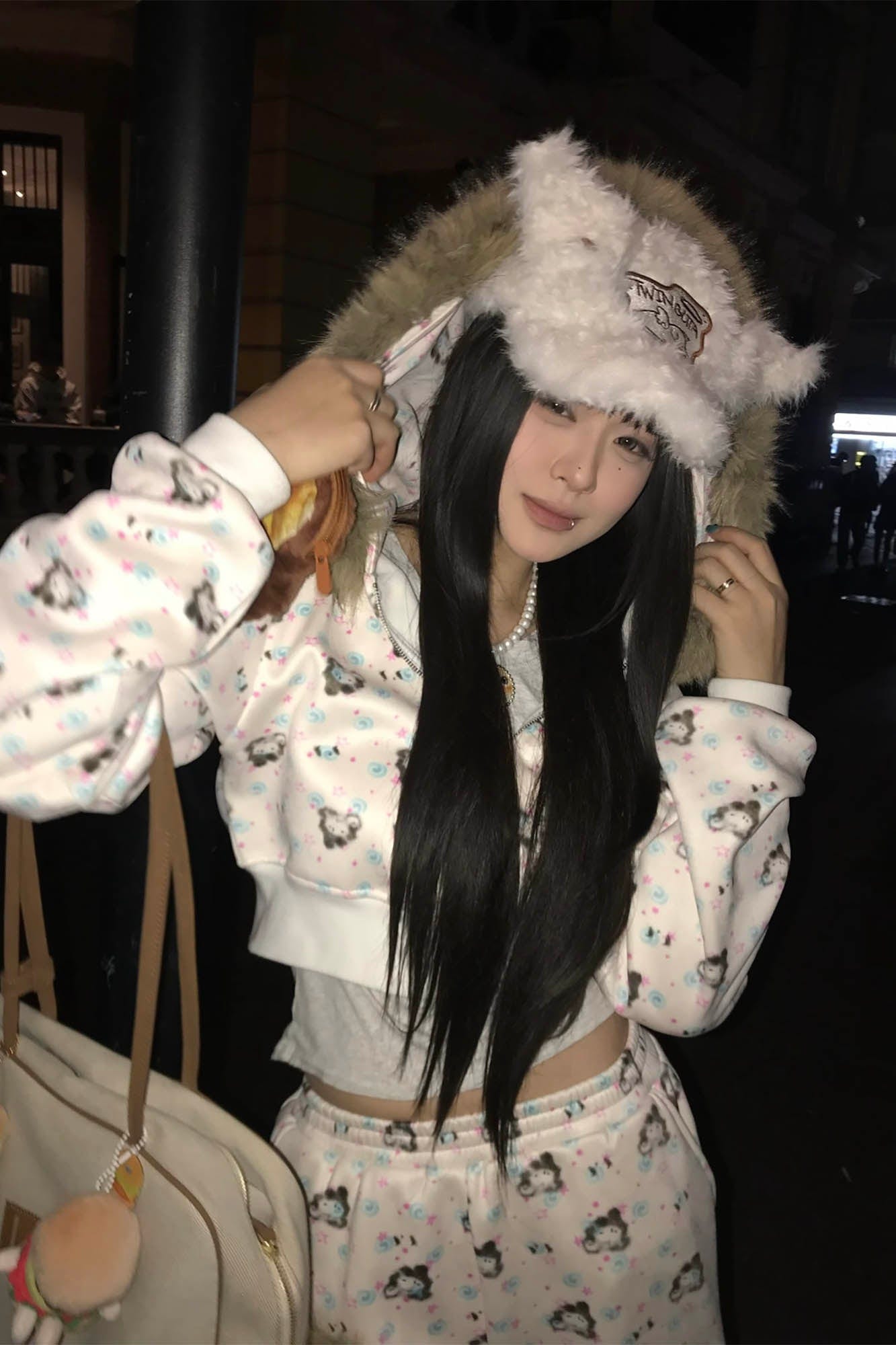 Cozy Furry Ear White Cap -  playful cap - Cozy Faux Shearling Cap with Playful Piglet Design - View 14
