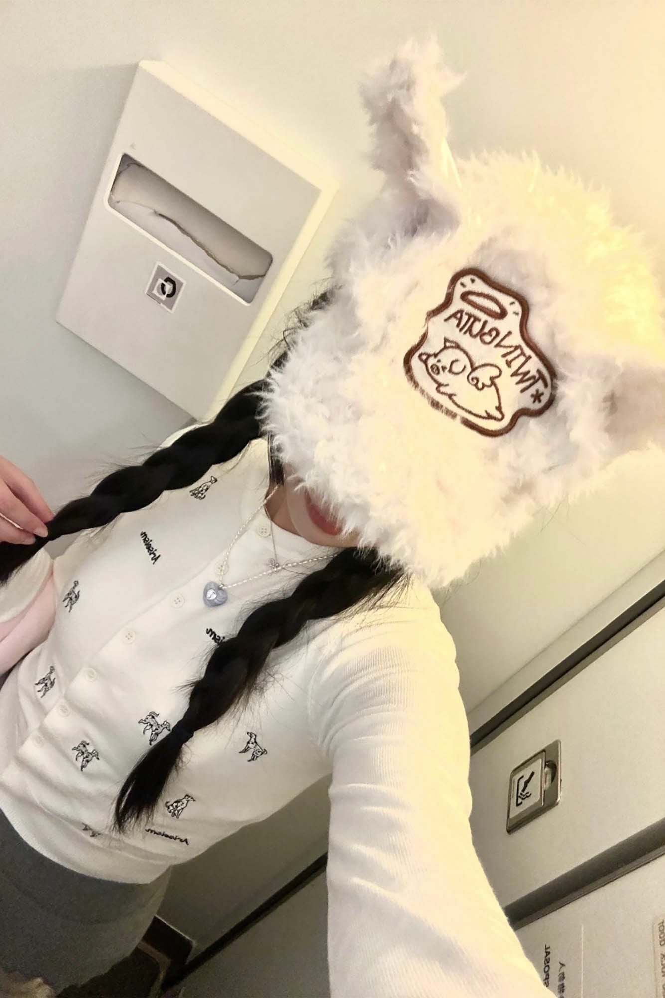 Cozy Furry Ear White Cap -  shearling hat - Cozy Faux Shearling Cap with Playful Piglet Design - View 15