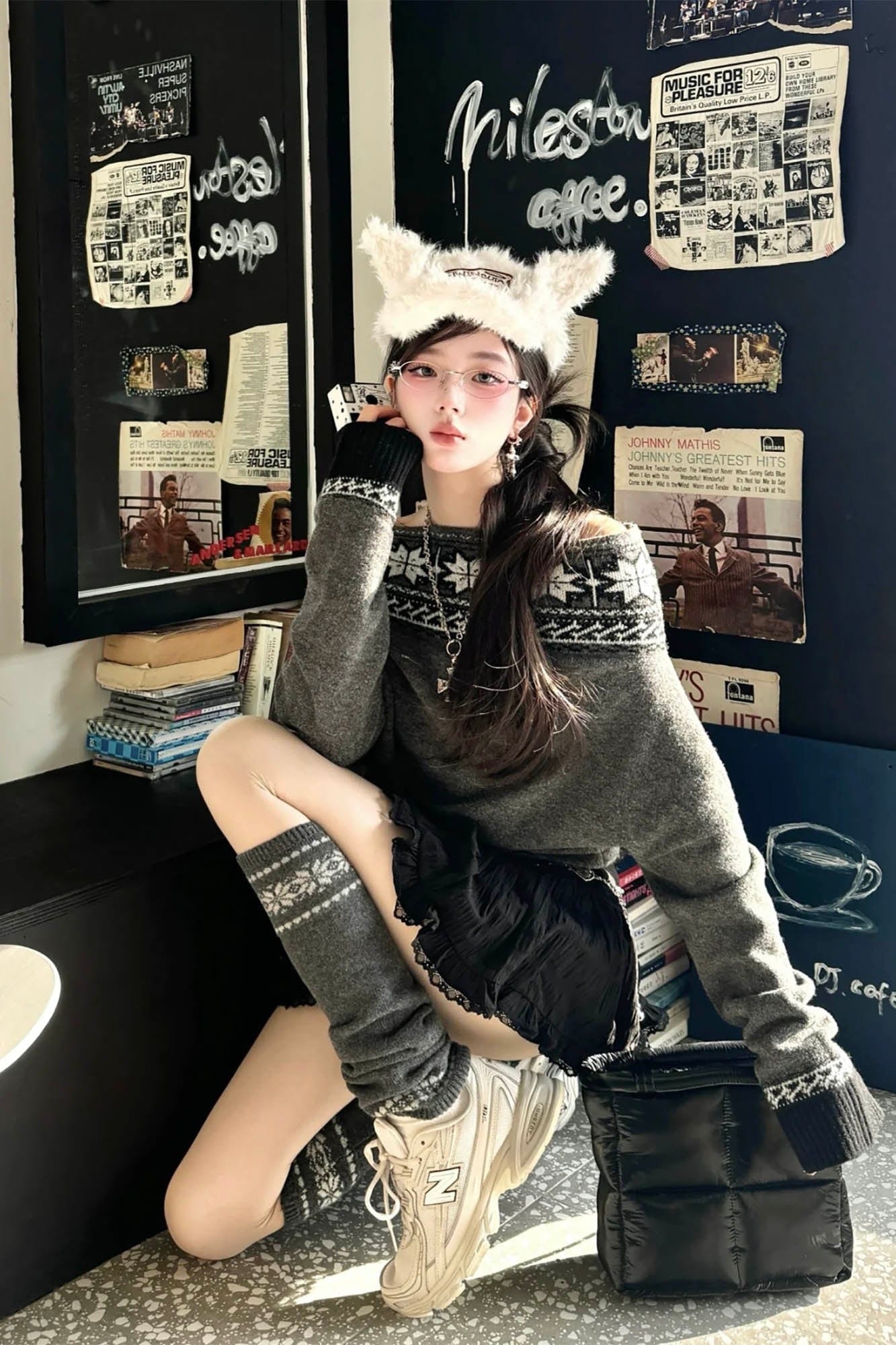Cozy Furry Ear White Cap -  shearling hat - Cozy Faux Shearling Cap with Playful Piglet Design - View 7