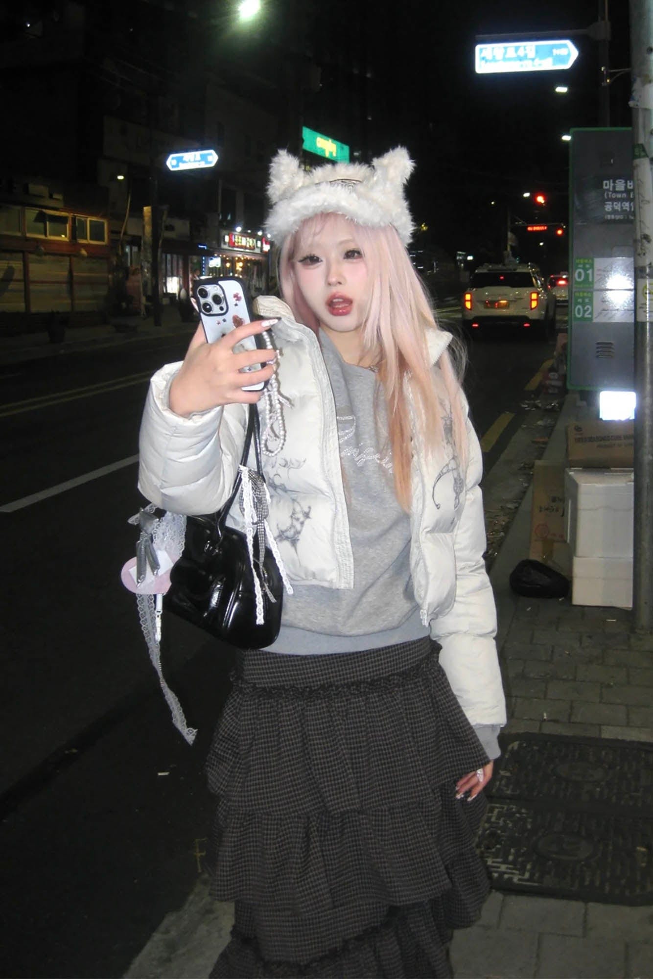 Cozy Furry Ear White Cap -  stylish streetwear cap - Cozy Faux Shearling Cap with Playful Piglet Design - View 8