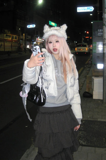 Cozy Furry Ear White Cap -  stylish streetwear cap - Cozy Faux Shearling Cap with Playful Piglet Design - View 8