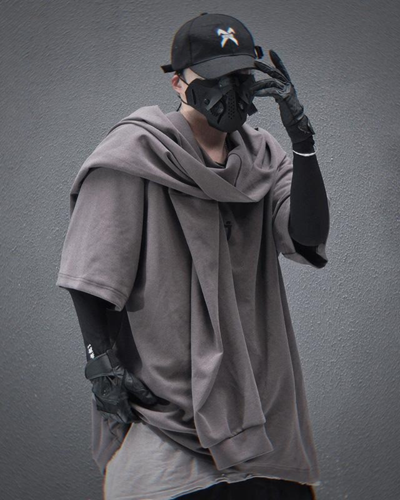 Customizable Hooded Techwear Tee - futuristic streetwear - Customizable Hooded Techwear Tee for Versatile Style - Main view