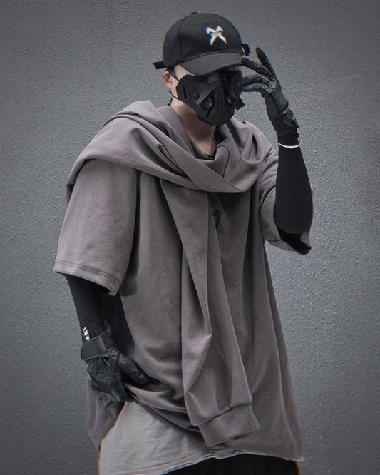 Customizable Hooded Techwear Tee - futuristic streetwear - Customizable Hooded Techwear Tee for Versatile Style - Main view