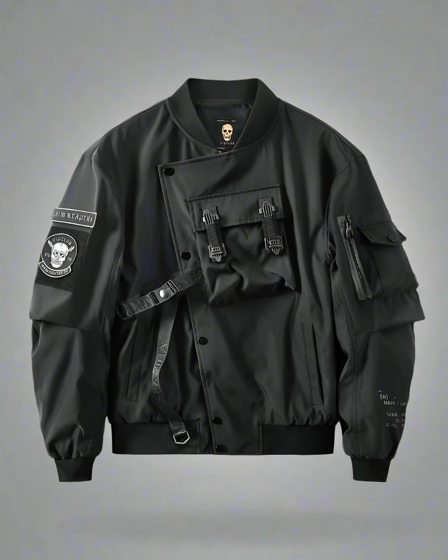 Cyberpunk Black Skull Bomber - skull bomber - Futuristic Black Skull Bomber Jacket for Urban Wear - Main view