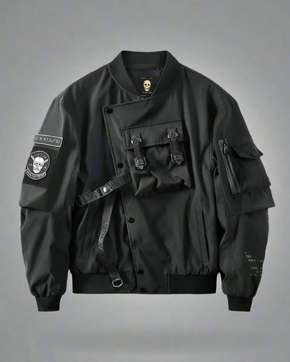 Cyberpunk Black Skull Bomber - skull bomber - Futuristic Black Skull Bomber Jacket for Urban Wear - Main view