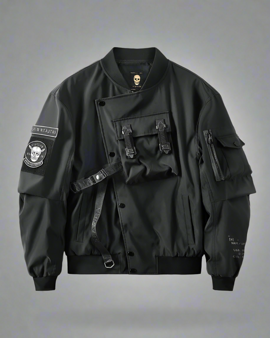 Cyberpunk Black Skull Bomber - skull bomber - Futuristic Black Skull Bomber Jacket for Urban Wear - Main view