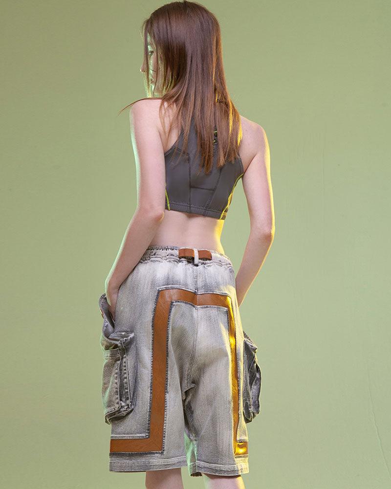 Cyberpunk Cargo Denim Shorts -  gray shorts - Cyberpunk Cargo Denim Shorts for Stylish Summer Wear - View 8
