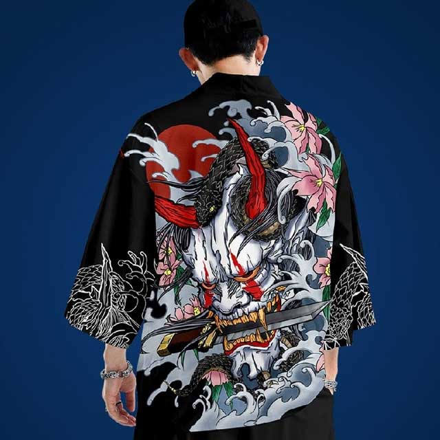 Dark Fantasy Kimono Cardigan -  3/4 sleeve cardigan - Dark Fantasy Kimono Cardigan with Oni Print - View 3