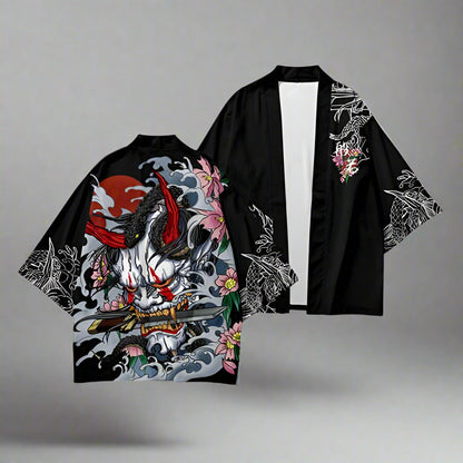 Dark Fantasy Kimono Cardigan -  haori - Dark Fantasy Kimono Cardigan with Oni Print - View 5