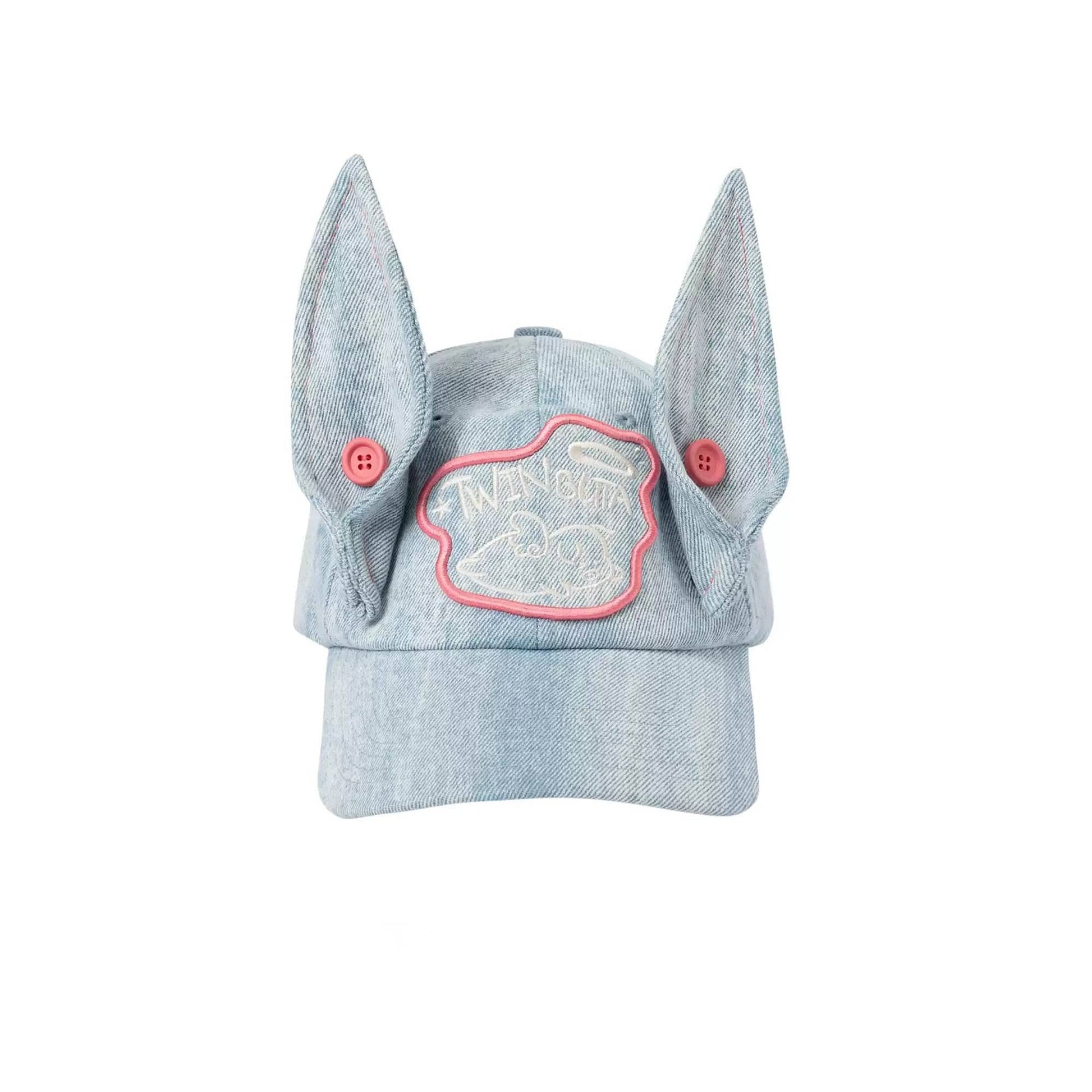 Denim Ear Embroidered Cap - playful design cap - Light-Wash Denim Ear Embroidered Cap for Unique Style - View 2