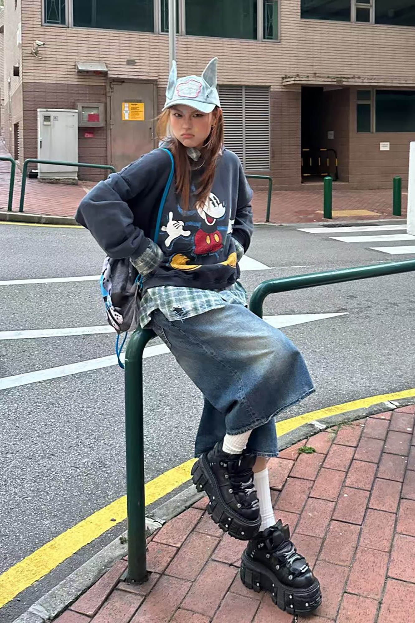 Denim Ear Embroidered Cap -  streetwear - Light-Wash Denim Ear Embroidered Cap for Unique Style - View 6