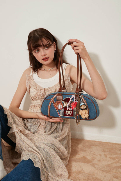 Denim Teddy Bowling Bag -  chic bowling bag - Denim Bowling Bag with Plush Bear Charm - View 10